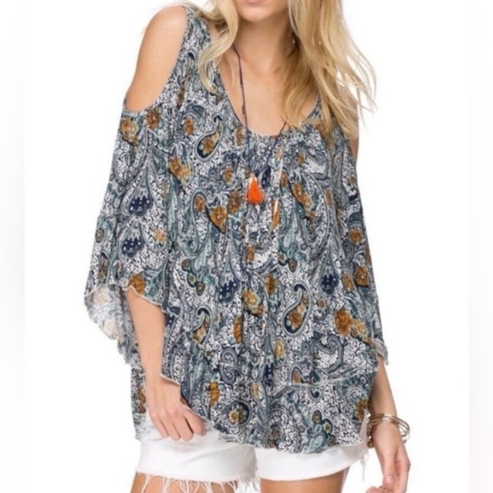 Free People Hummingbird Chloe Cold Shoulder Blouse Blue Paisley Print Size Small
